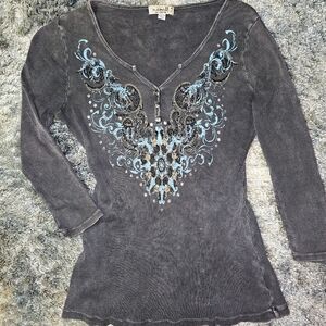 Y2K Embellished Three-Quarter Sleeve Rhinestone Vneck Ribbed